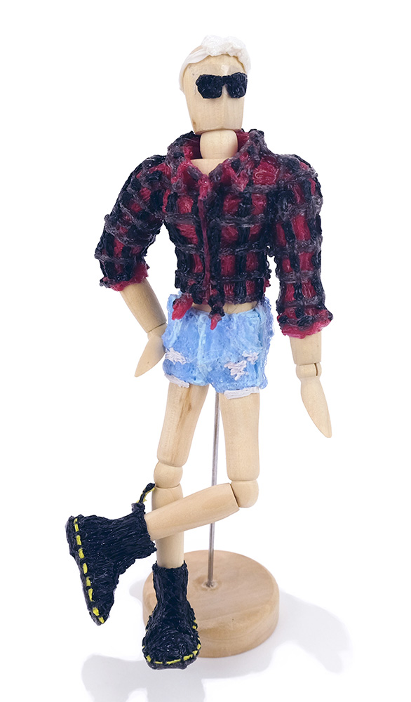 Wooden mannequin with sunglasses and plaid shirt - 3D pen art