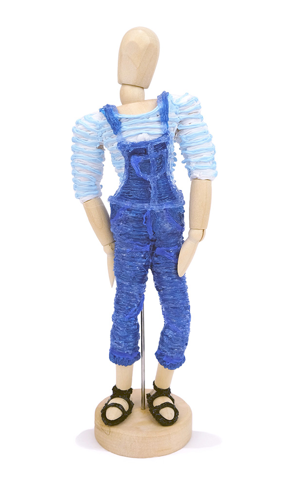 3D pen art: Wooden mannequin in blue overalls and sandals.
