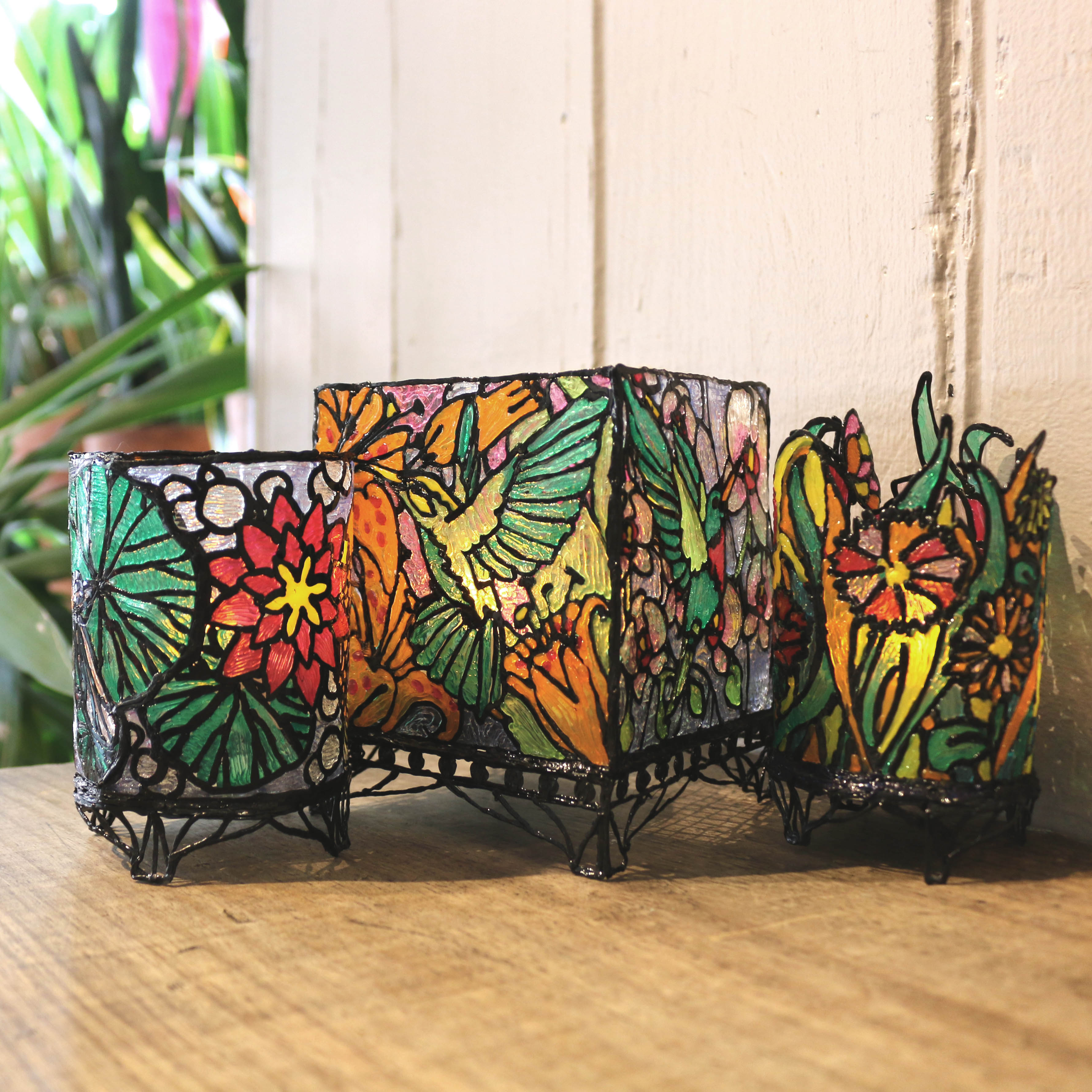Colorful 3D pen art: Tiffanycandleholder Life Squared with 3 small vases.