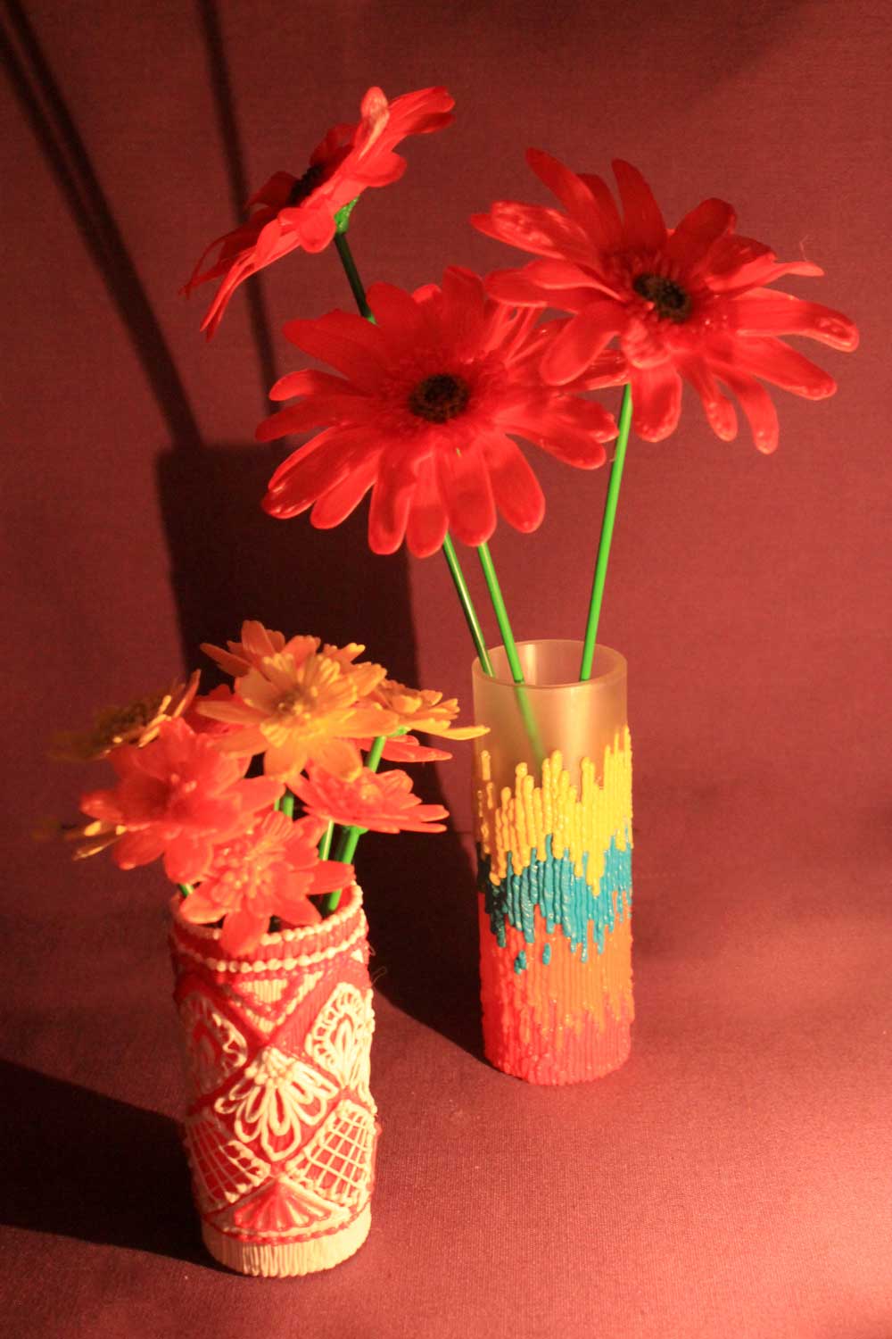 3D pen art: Three vases with flowers on table